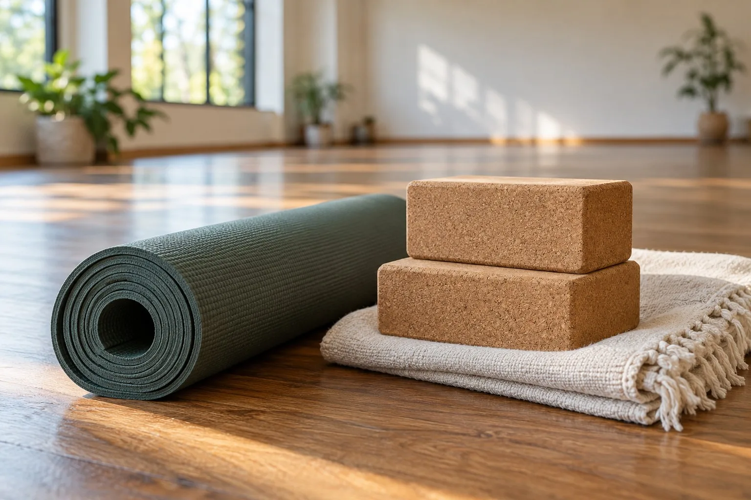 Gerollte Yogamatte, zwei Korkblöcke und gefaltete Decke auf einem Holzboden.